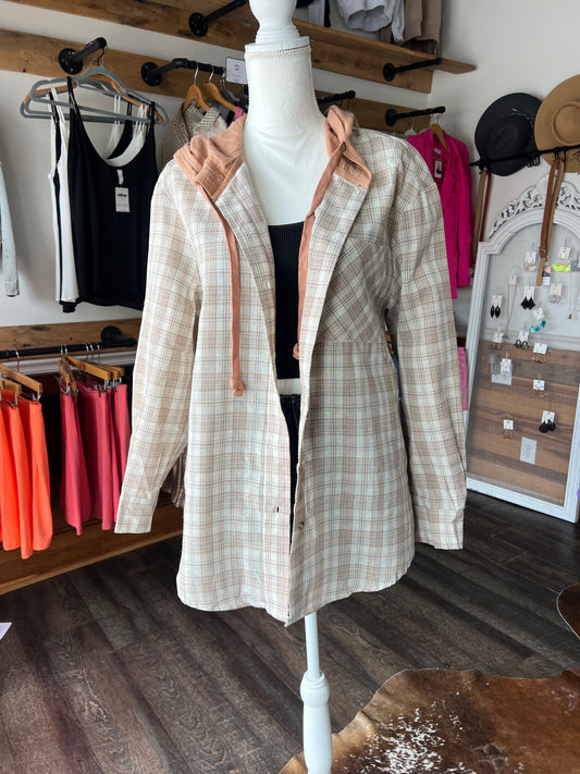 Loose Fit Plaid Hood Button Up